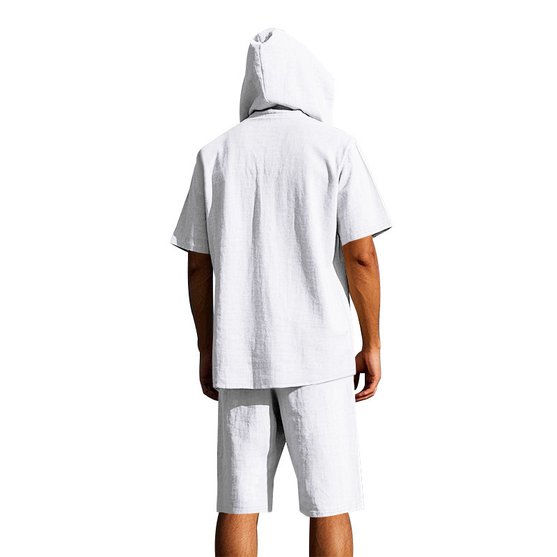Men's Linen Hooded Short Sleeve Shirt & Shorts Set, Breathable Beach Casual Two-Piece Outfit For Summer_viptrois.com