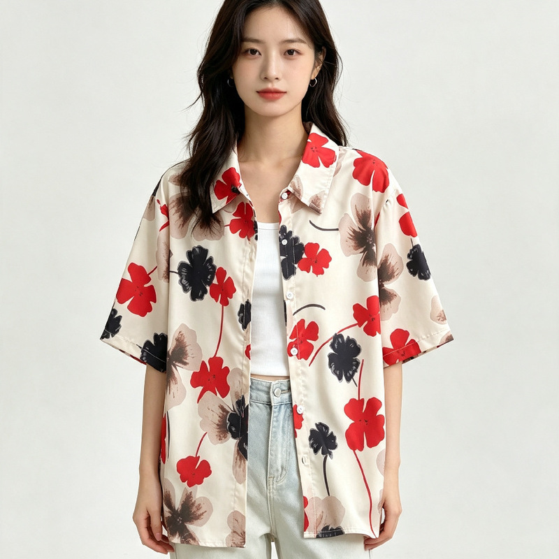 Maple Leaf Print Shirt for Women, Summer and Autumn Short Sleeve Elastic Thin Floral Print Loose T-Shirt Maple Leaf Print Shirt for Women, Summer and Autumn Short Sleeve Elastic Thin Floral Print Loose T-Shirt