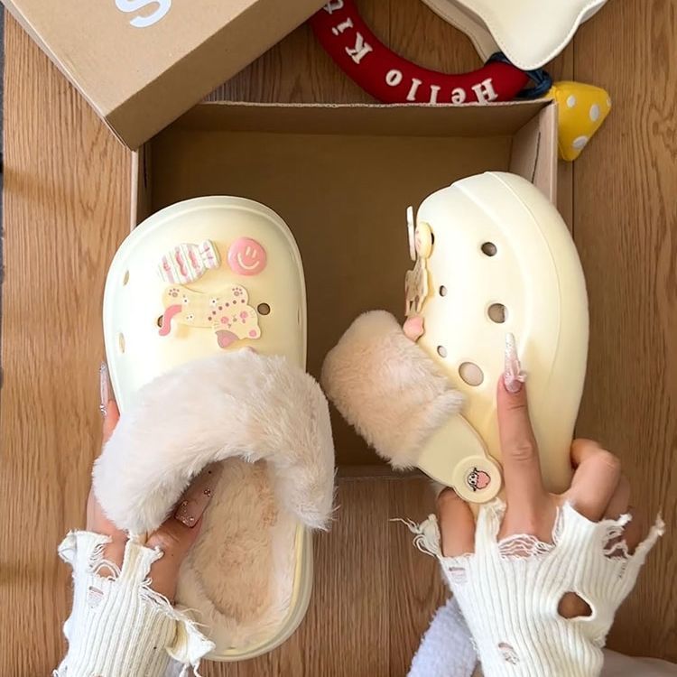 可爱卡通洞洞鞋女2025秋冬新款厚底保暖棉拖鞋外穿防滑包头拖鞋|undefined