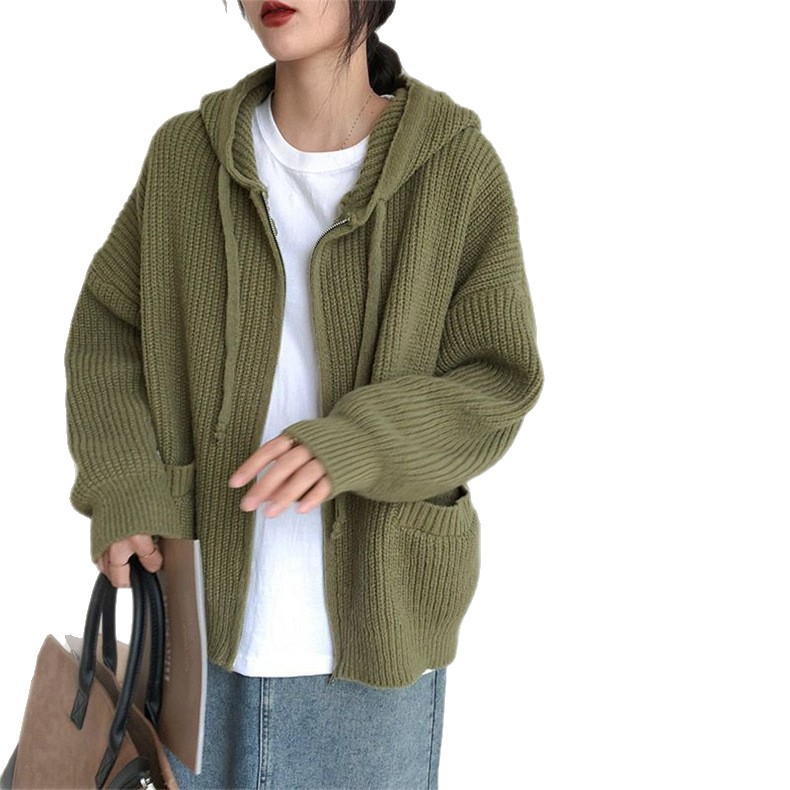 Otoño y invierno chaqueta con cremallera de tendencia casual de mujer grande suéter con capuchón holgado coreano chaqueta retro perezosa doble bolsillo