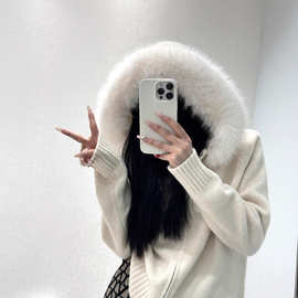 网红同款慵懒风氛围感大毛领连帽拉链宽松针织开衫高级感毛衣外套