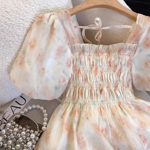[Original workmanship] French floral short-sleeved shirt for women, summer fat mm, slimming loose temperament, ruffled square collar
