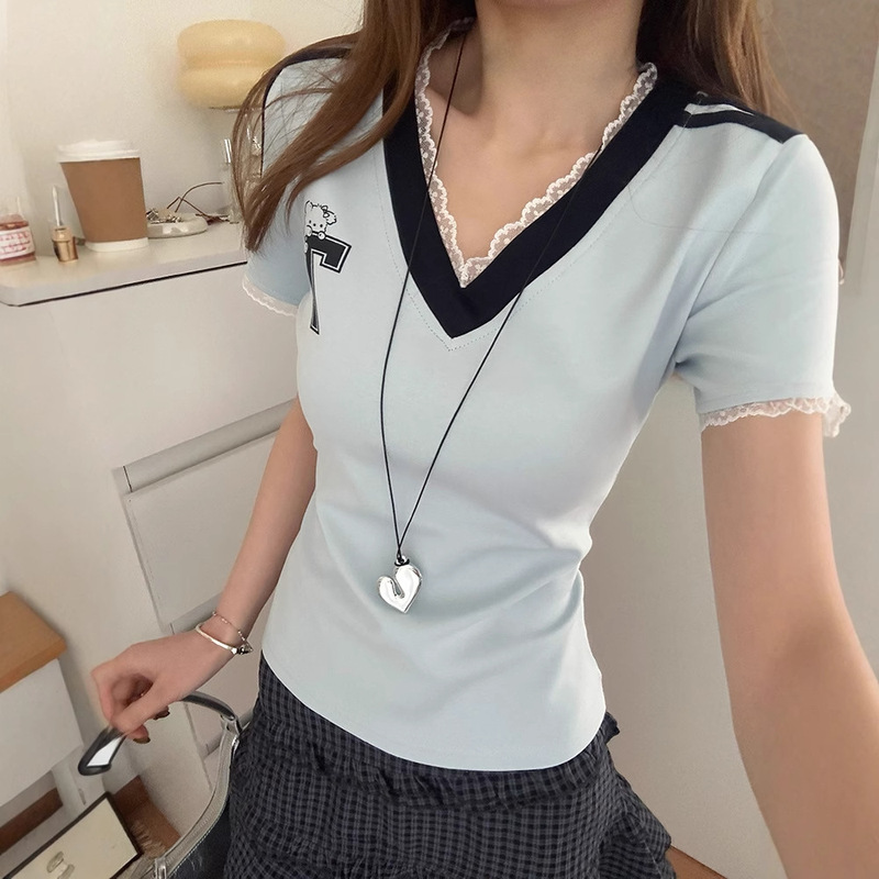 American Printed V-neck Shoulder Short-sleeved T-shirt Women's Summer light blue Unique Lace Stitching New Sports Top