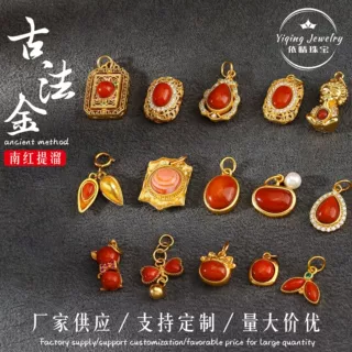 925银镀金天然南红玛瑙镶嵌莲花背云隔珠手链手串编绳吊坠diy配件