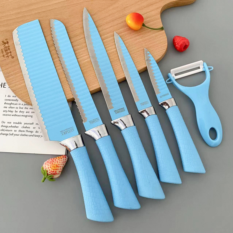 Juego de cuchillos de cocina de acero inoxidable de seis piezas con patrón de onda de color de venta caliente