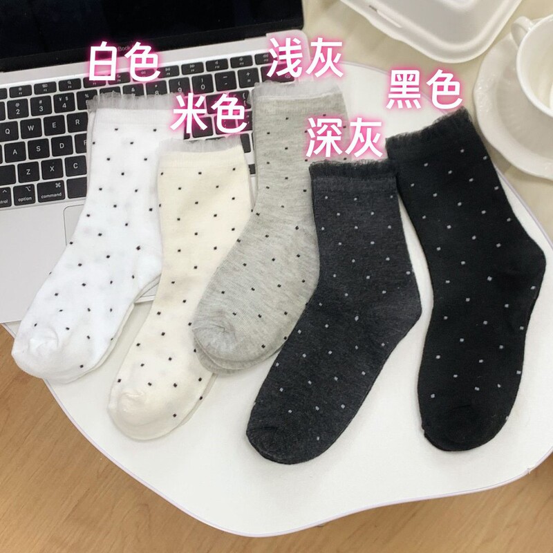 春夏款ins韩系中筒袜子miu系波点少女风堆堆袜子芭蕾花边中筒袜女|undefined