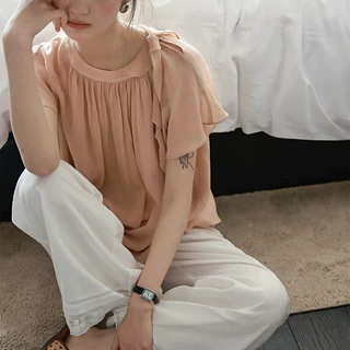 半夏甜梦 天丝法式荷叶边双层飘带短袖衬衫女亲肤透气