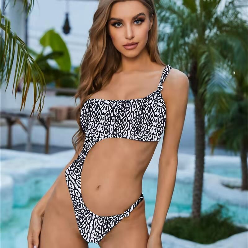 sexy leopard print multicolor one-shoulder one-piece bikini swimsuit NSHL34089