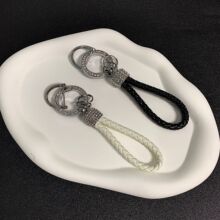 汽车钥匙扣挂件镶钻钥匙钻圈手工编织皮绳防丢D字马蹄扣钥匙链批