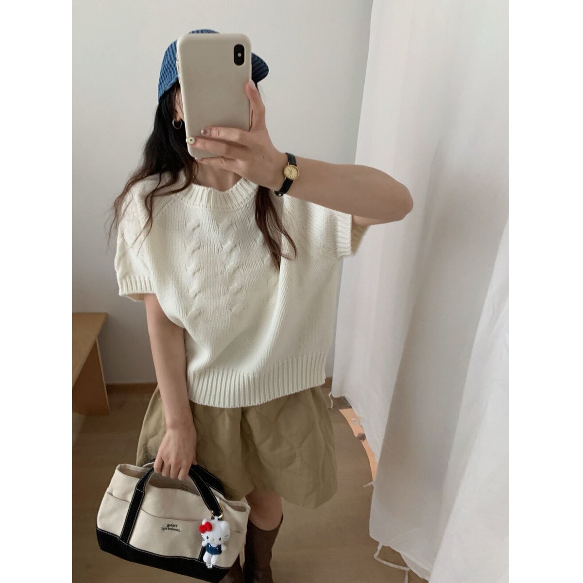 木四 小个子含羊毛套头短袖针织衫女早秋新款纯色叠穿毛衣M6504