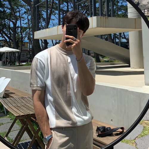 Fashion Striped Sheer Short-Sleeve T-Shirt for Men: Casual, Simple, Fitted Top with Trendy Knit Shirt