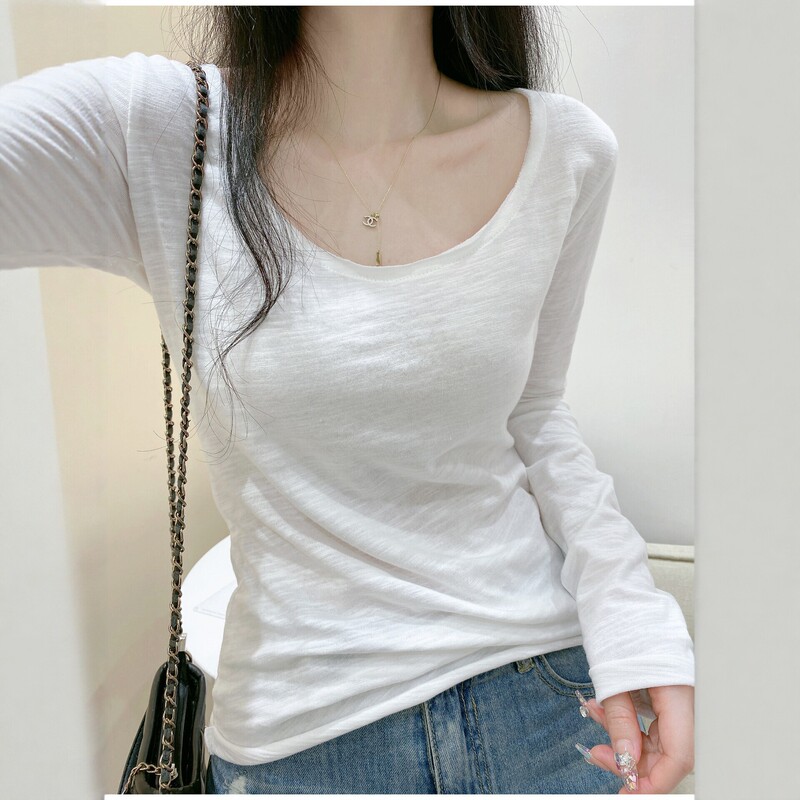 White bamboo cotton long-sleeve thin top, slim fit, U-neck with rolled edges, white inner layer base shirt for women White bamboo cotton long-sleeve thin top, slim fit, U-neck with rolled edges, white inner layer base shirt for women