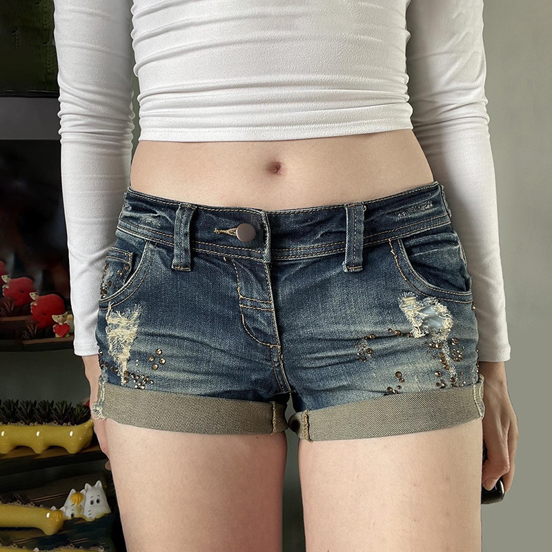 European and American Hot Girl Style Retro Washed Hot Diamond Denim Shorts Summer New Street Trendy Hot Girl Low Waist Hot Pants for Women