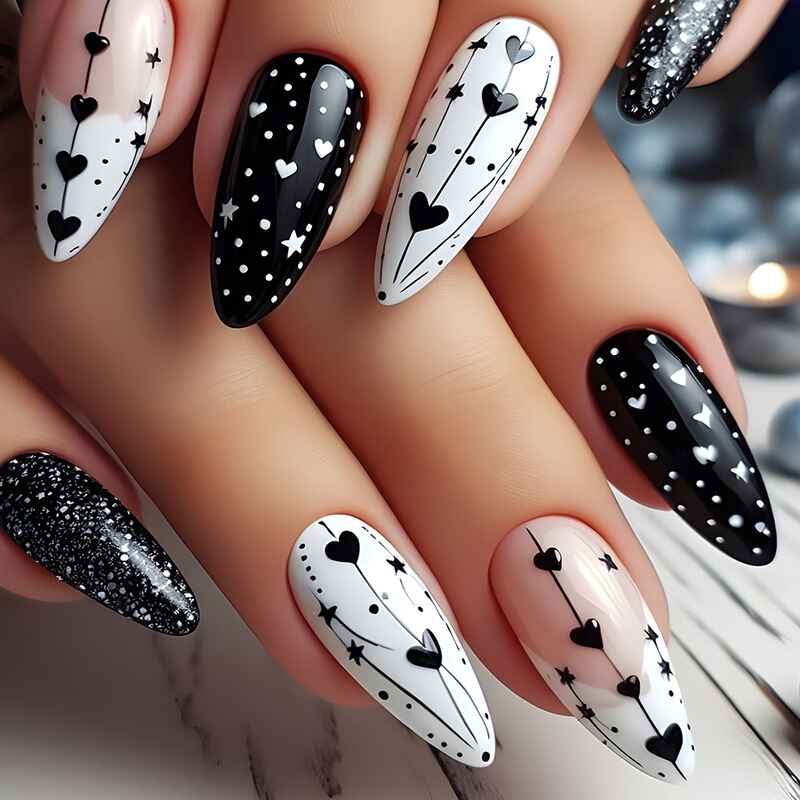 Valentine's Day Black and White Heart Nail Art Nail Tips, Starry Sky Nail Stickers, Cross-Border Hot-Selling Black and White Dot Wearable Nail Tips