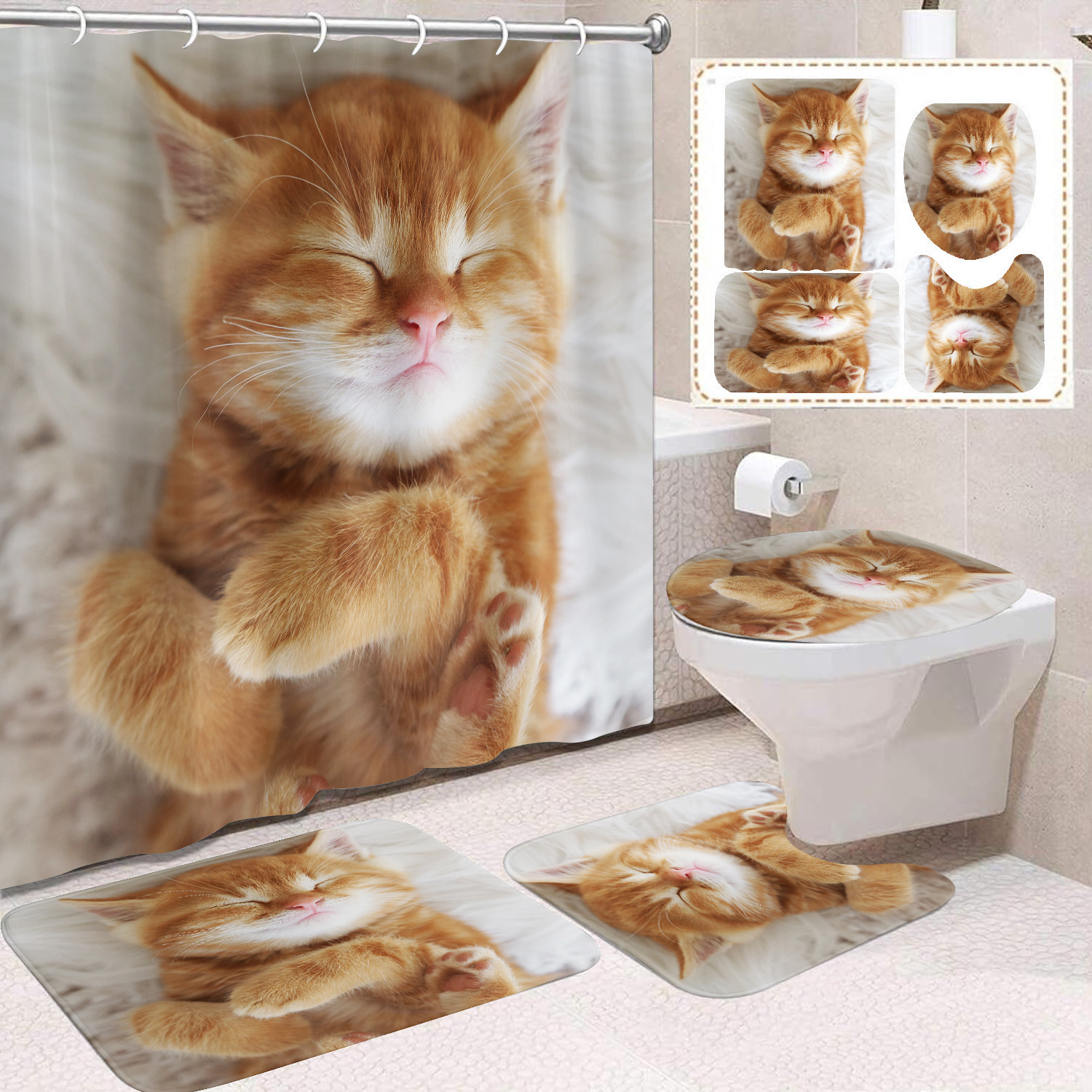 Fuente de fabricantes Amazon animales gatos niños cortina de ducha impermeable a prueba de moho cortina de ducha inodoro partición de baño divertido