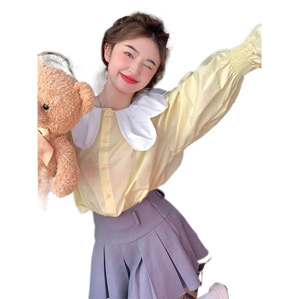 韩系甜美减龄撞色娃娃领衬衫女秋季2025新款宽松洋气长袖显瘦上衣|undefined