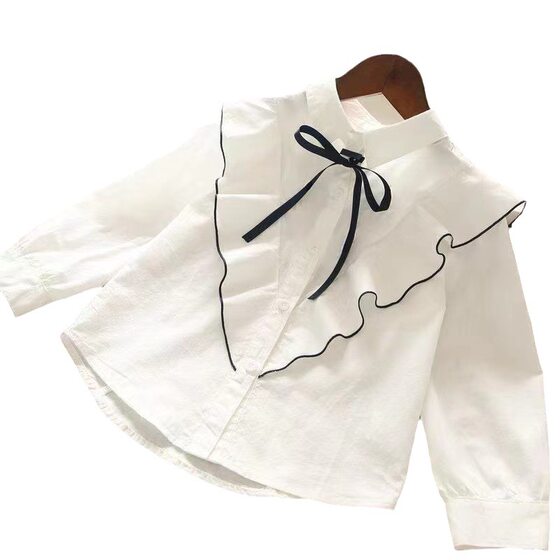 Spring 2024 New girls' medium and large children's breathable Princess children's long sleeve ruffled lapel white shirt fashion