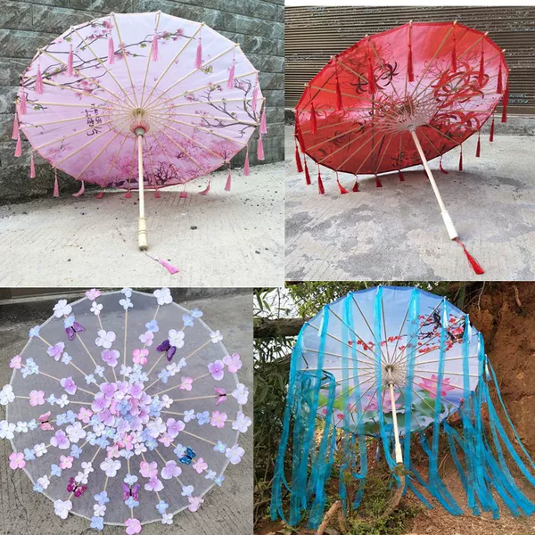 Chinese Style Silk Umbrella Antique Hanfu Photography Tassel Umbrella Ancient Coat Umbrella Cyber Celebrity Prop Umbrella Classical Dance Oil Paper Umbrella