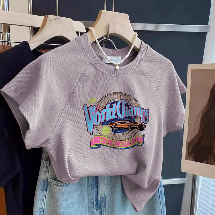 American-style Raglan Sleeve T-shirt Women's Summer Niche Design Sense Short-sleeved Korean-style Cartoon Printed All-match Top