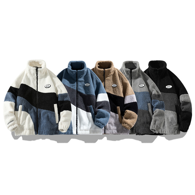 Customized Wholesale Autumn and Winter New Lamb Velvet Couple Jackets for Men and Women, Same Style Stand Collar Color Matching Loose Warm Jacket for Men