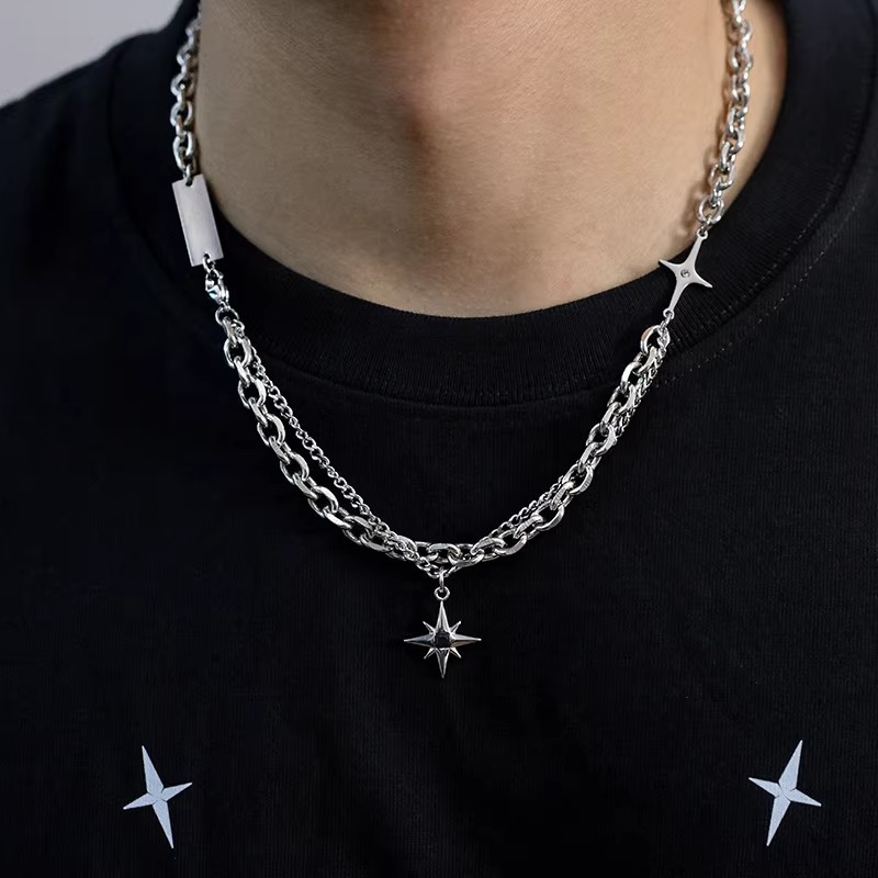 Double Layer Chain Necklace With Cross And Star Pendants For Men_voghion.com