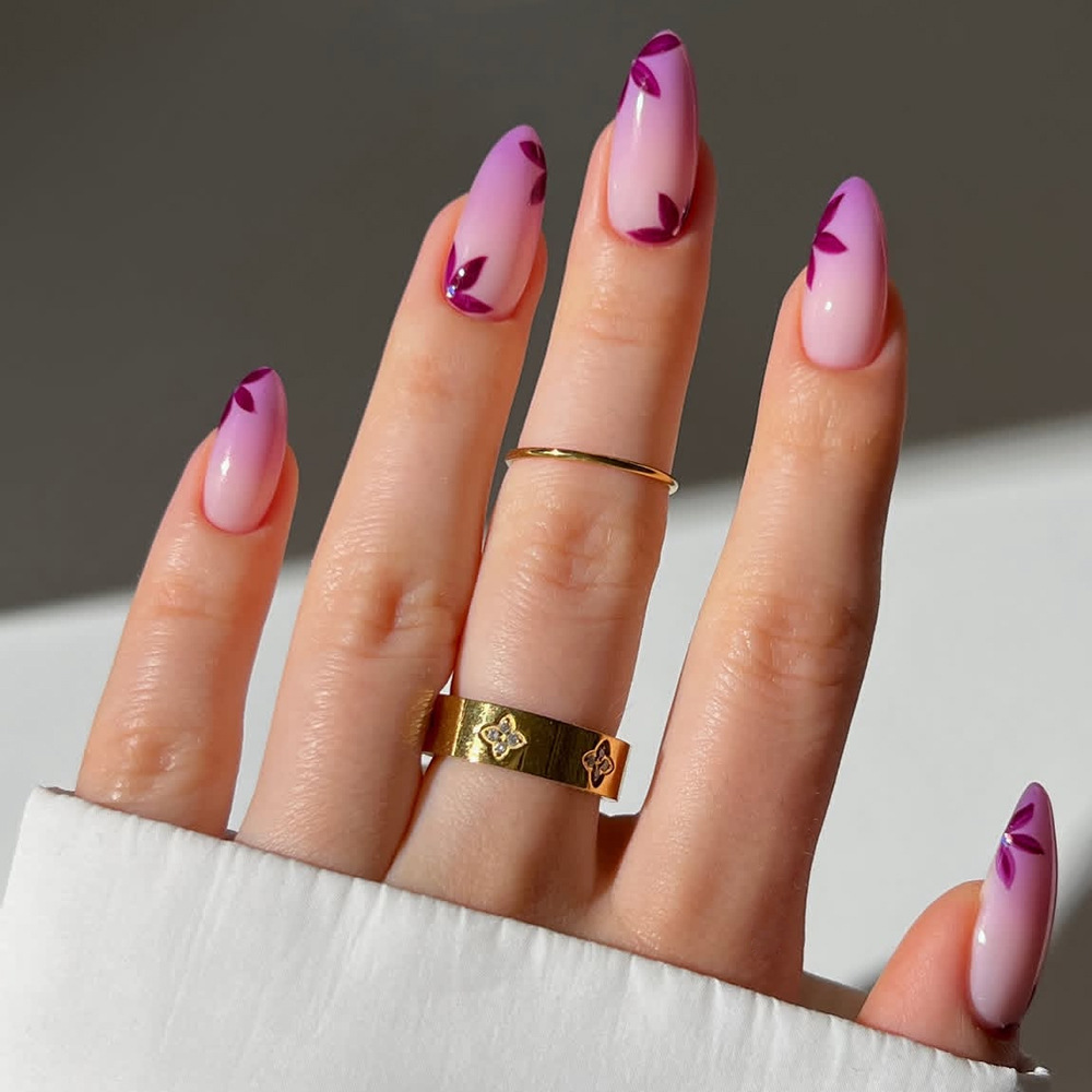 Cool and elegant vibe, pink-purple gradient, purple petal almond-shaped manicure, simple and high-end, ins-style fake nails
