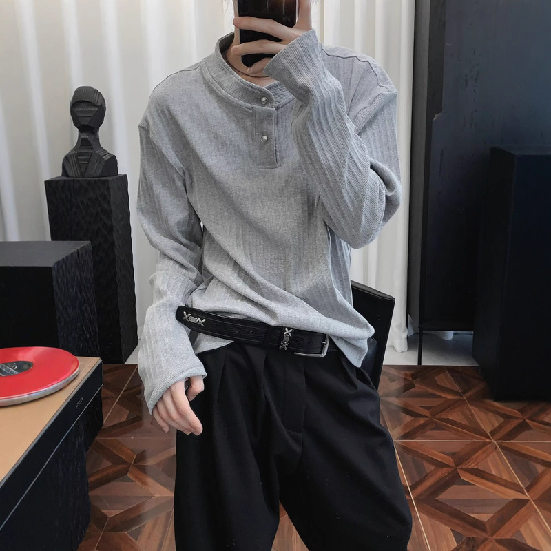 American-Style Henley Collar Long-Sleeve Knit Sweater for Men, Autumn Vintage Old Money Style Boxy Regular Shoulder Polo Shirt Base Layer