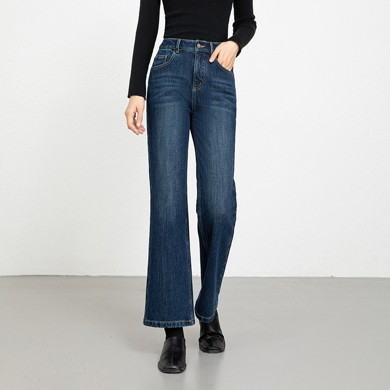 Women's Winter Jeans, Washed Four-Way Stretch Denim, Slightly Flared, High-Waisted, Fleece-Lined, Thick, Cropped Pants 8196H