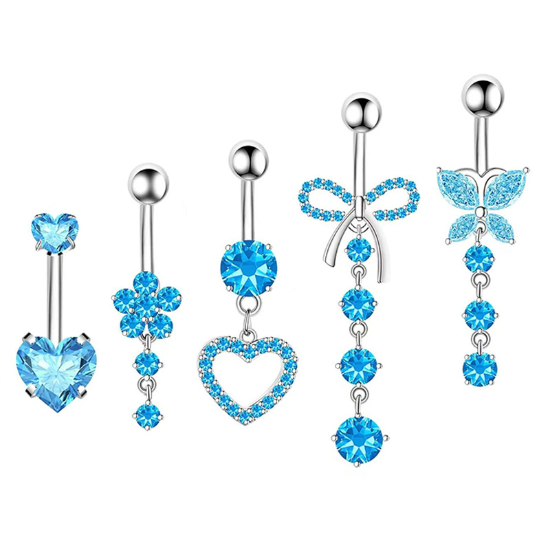 Amazon Hot Selling Gold Pink Zircon 5-Piece Navel Ring Set Stainless Steel Copper Geometric Body Jewelry detail image 8