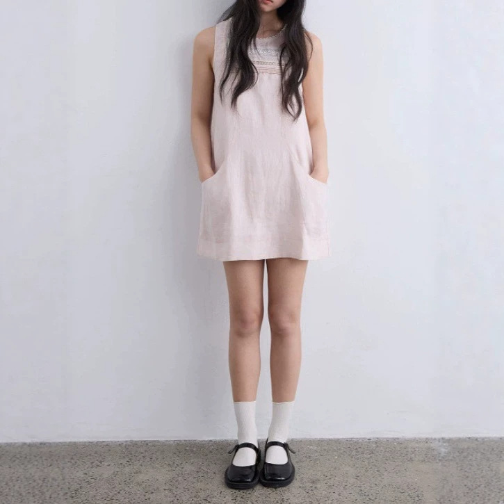 aww 린넨·핑크 레이스 슬리브리스 원피스 라운드넥 패치워크 오픈워크 A라인 루즈핏 롱 원피스 봄여름