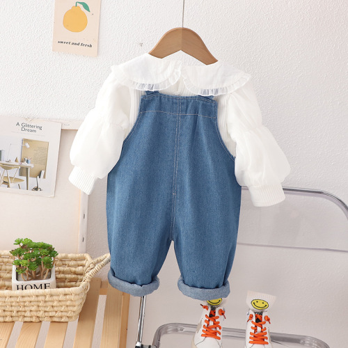Infant girls puff sleeve mesh lapel long-sleeved top autumn baby denim overalls children's two-piece set