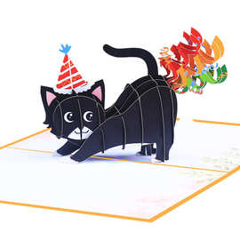 厂家供应弹出式立体趣味生日贺卡3D放彩虹屁的小猫搞笑生日卡片