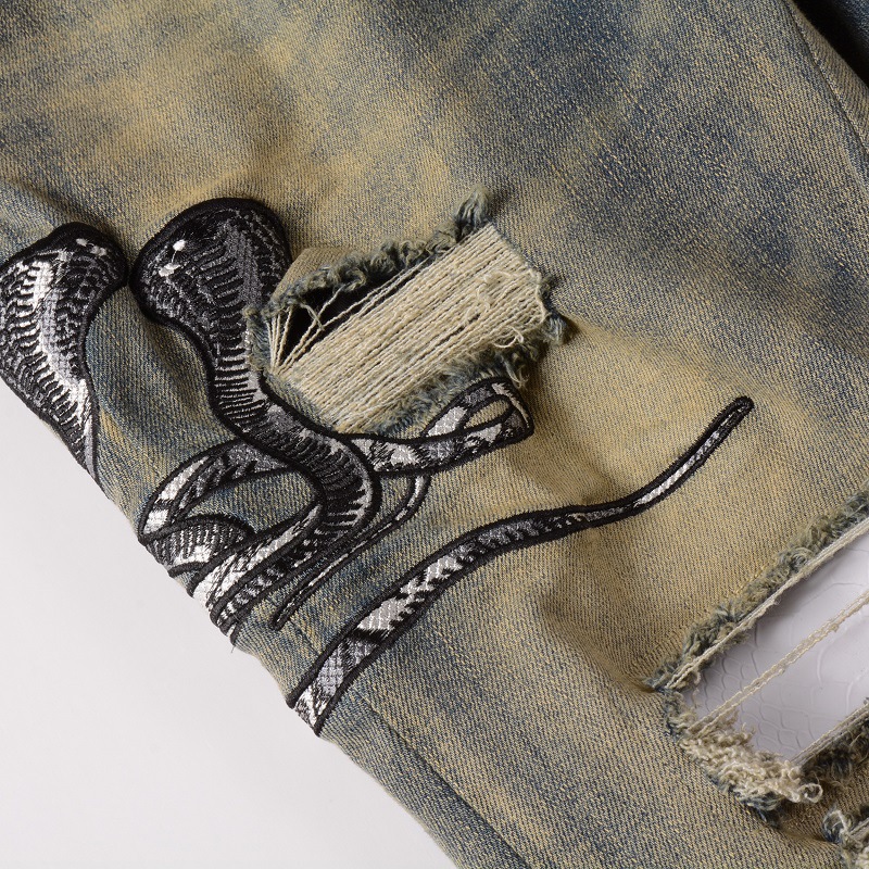 Men's Clothing high street embroidered men's jeans, ripped jeans, nostalgic retro scraped denim pants #6611_voghion.com