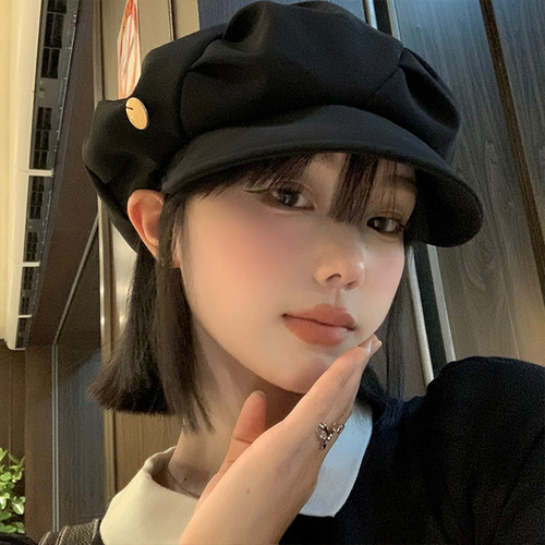 Black Pleated Bucket Hat for Women - Spring and Autumn Korean Style, Versatile, Face-Smoothing, Cloud Pattern Hat, Retro Large Brim Octagonal Hat