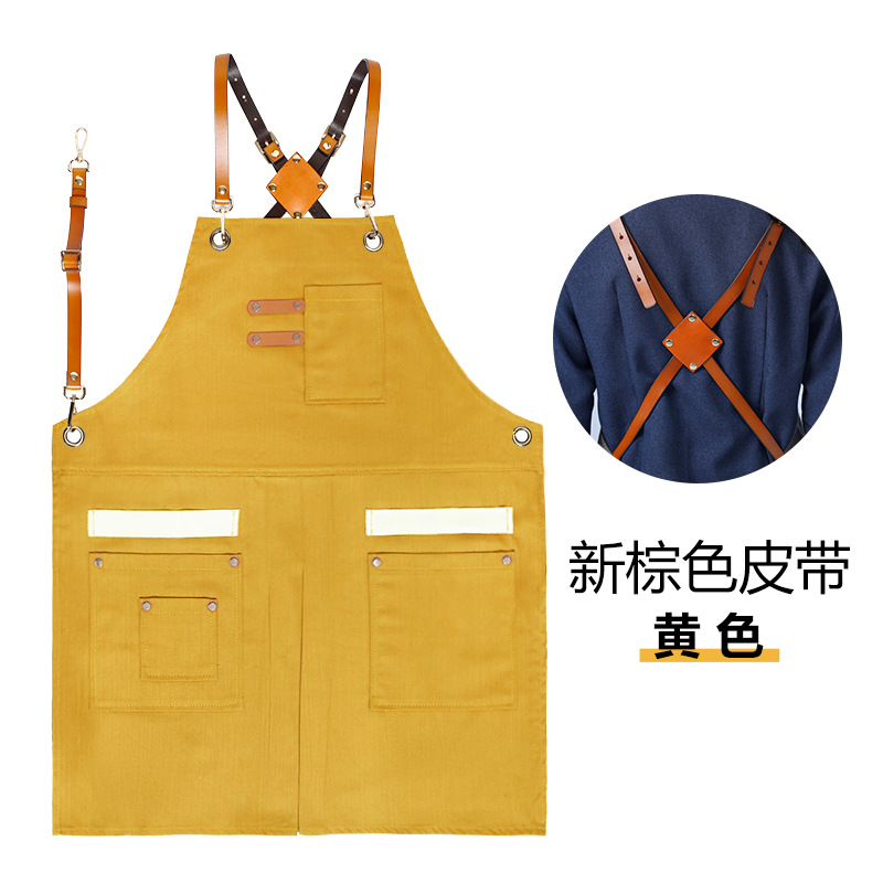 Delantal transfronterizo de algodón de sarga de Amazon, delantal de trabajo amarillo suave con abertura plegable y logotipo personalizado, venta al por mayor