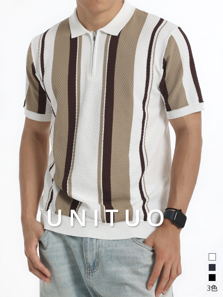 Europa y Estados Unidos transfronterizos hombres rayas hielo tejido polo medio cremallera solapa manga corta ligera camiseta casual de negocios madura