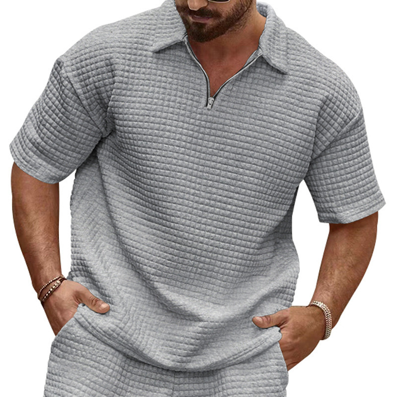 2025 Summer Export New Polo Shirt Men's Casual and Comfortable Jacquard Small Square Pure Color Lapel Sports Short Sleeves