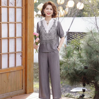 2026年新款中老年女短袖上衣两件套时尚洋气年轻妈妈夏装小衫套装