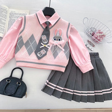 2025春秋季新款女童兔子警官学院风套装洋气卡通兔子JK裙三件套