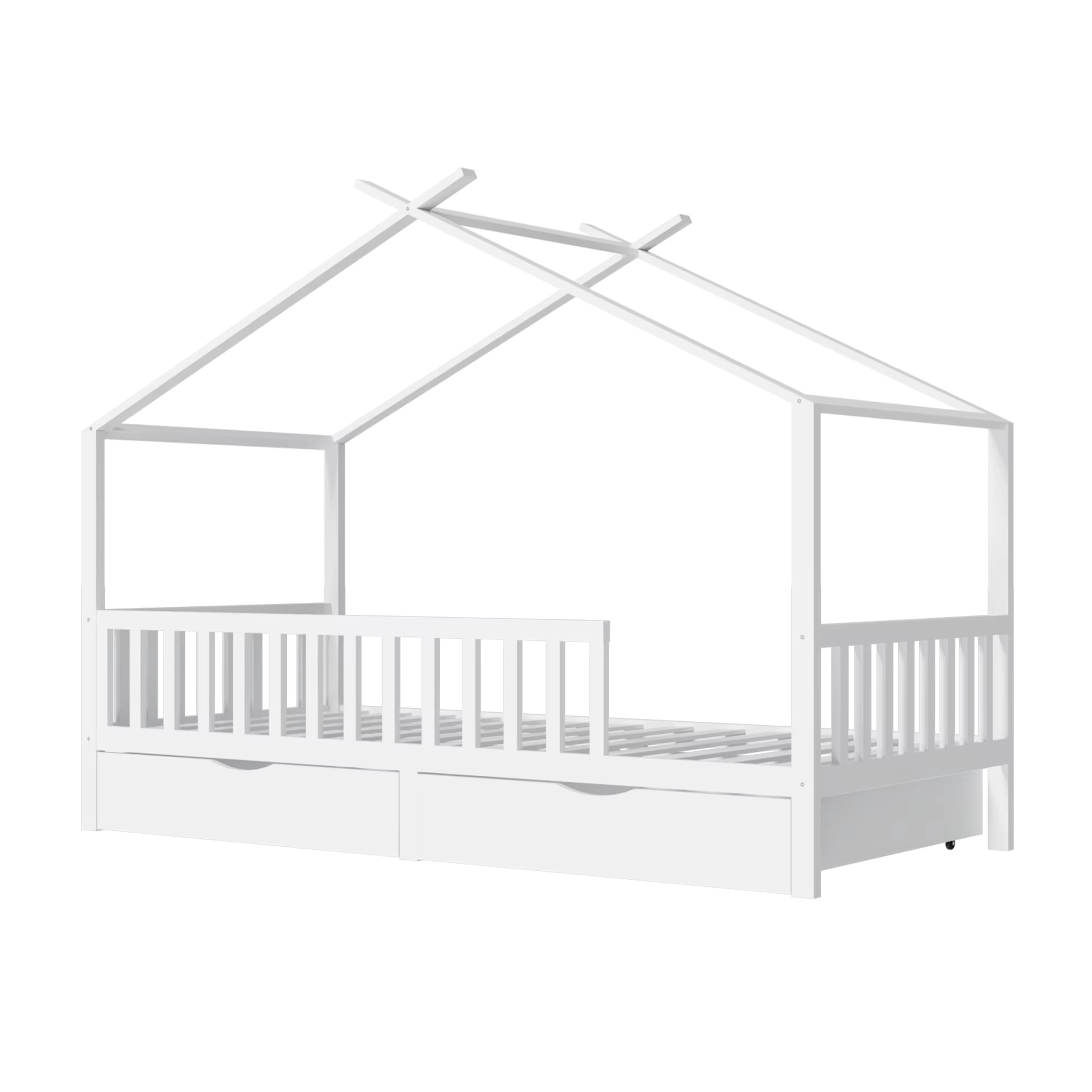 Wooden Whole House Bed with Two Storage Drawers, Children's Bed Frame with Armrests and Bedroom or Living Room Canopy