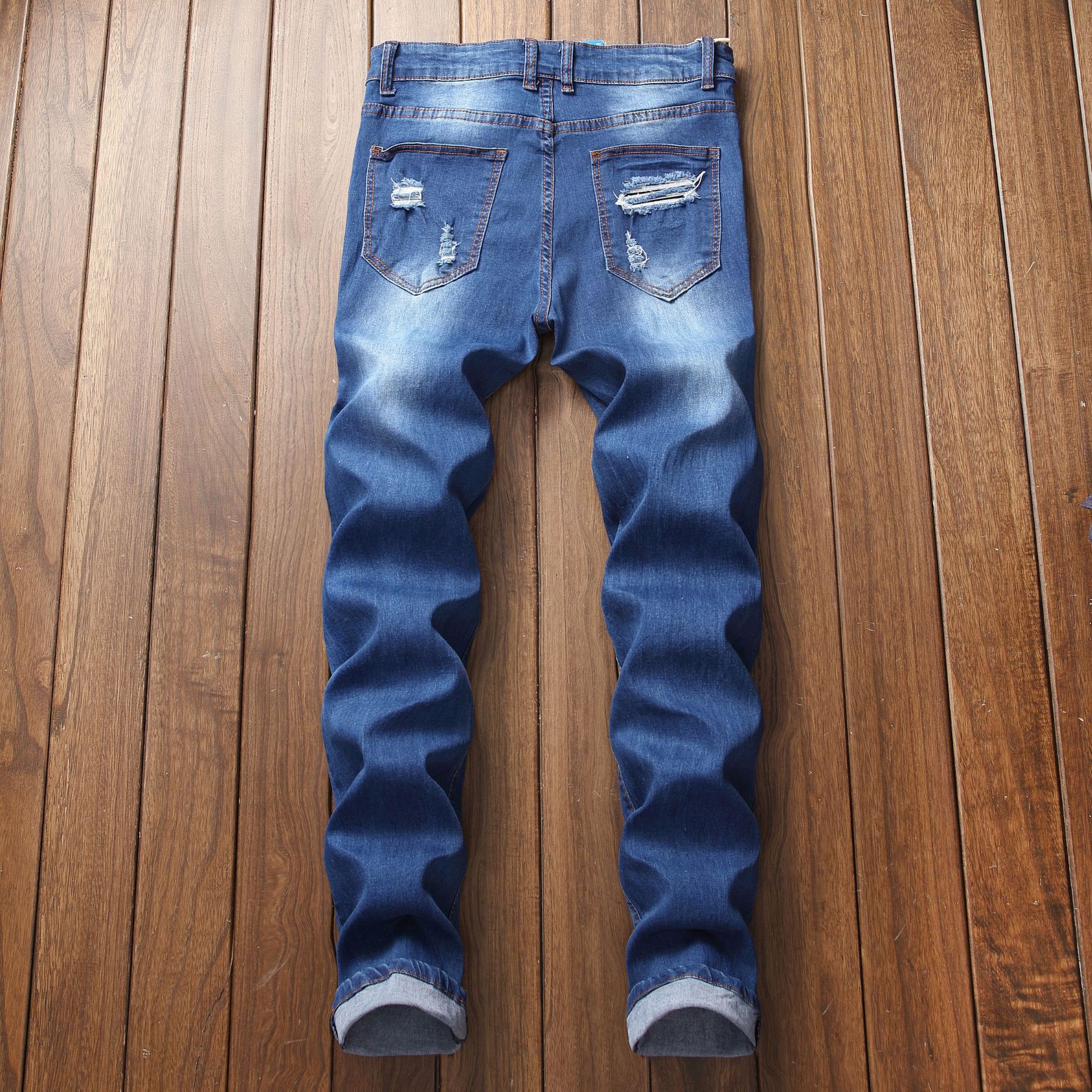 Men's Slim Fit Rose Embroidered Light Blue Stretch Denim Jeans_voghion.com