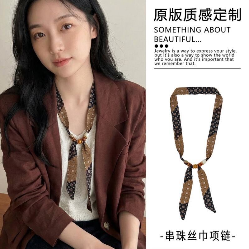 Coffee Blue Retro Wooden Bead Long Silk Women's Versatile Scarf Neck Warmer 2026 New Small Scarf for Spring, Summer, and Autumn Coffee Blue Retro Wooden Bead Long Silk Women's Versatile Scarf Neck Warmer 2026 New Small Scarf for Spring, Summer, and Autumn