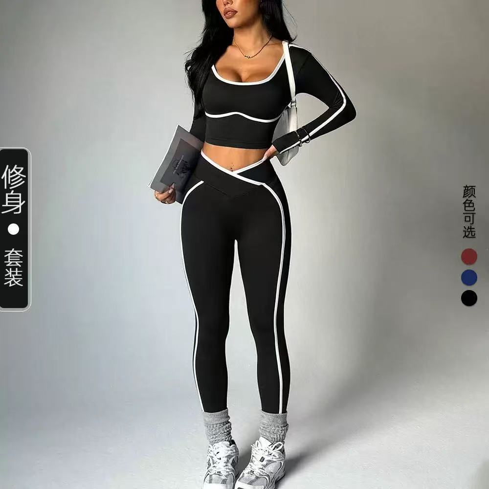 Xiyun explosivo cross-border color contrastante yoga ajustado manga larga frente V cintura elevación de cadera ajustado conjunto de pantalones de calzado