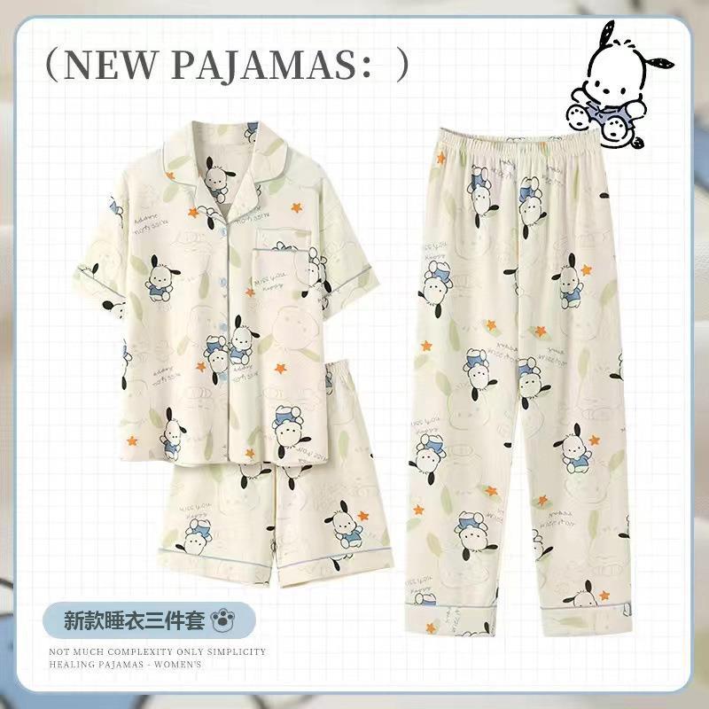 Pijamas de verano para mujer 2025, nuevo conjunto de tres piezas de cárdigan de manga corta, talla grande, delgado, pantalones largos, conjunto de ropa para estar en casa