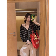 美式复古条纹连帽外套女早秋穿搭薄款长袖防晒开衫慵懒风宽松上衣
