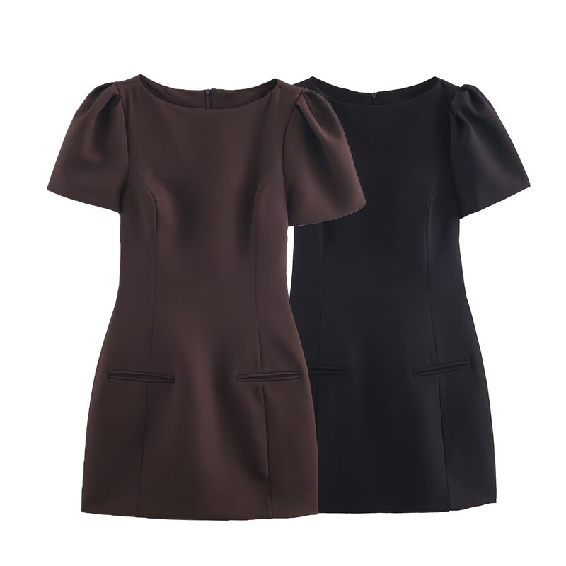 Cross-Border Women's Clothing Wholesale 2025 New European and American Style Fashionable Slim Short Solid Color Pleated Pocket Dress