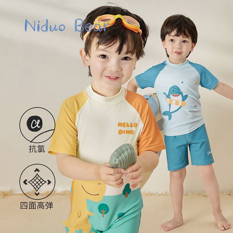 2025 trajes de baño para niños entrenamiento de natación de secado rápido set de aguas termales profesionales cinco puntos para niños de manga corta ropa corporal dividida comercio exterior