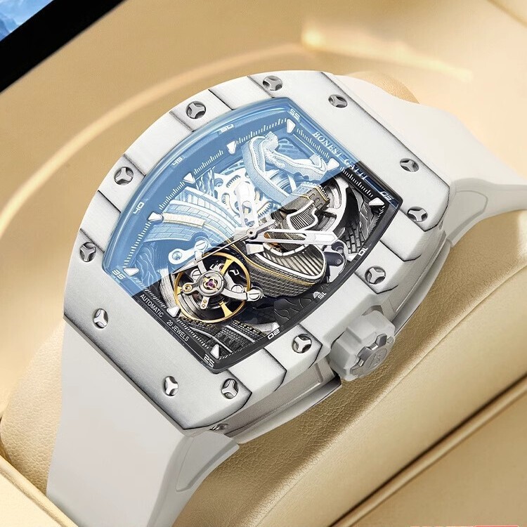 High-End Carbon Fiber Men's Watch, Mechanical Watch, Fully Automatic, Casual Hong Kong Style Barrel-Shaped Watch, Cross-Border Watch