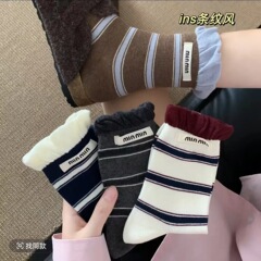 秋季新款撞色双罗口字母布标袜子女中筒袜泡泡花边ins条纹堆堆袜