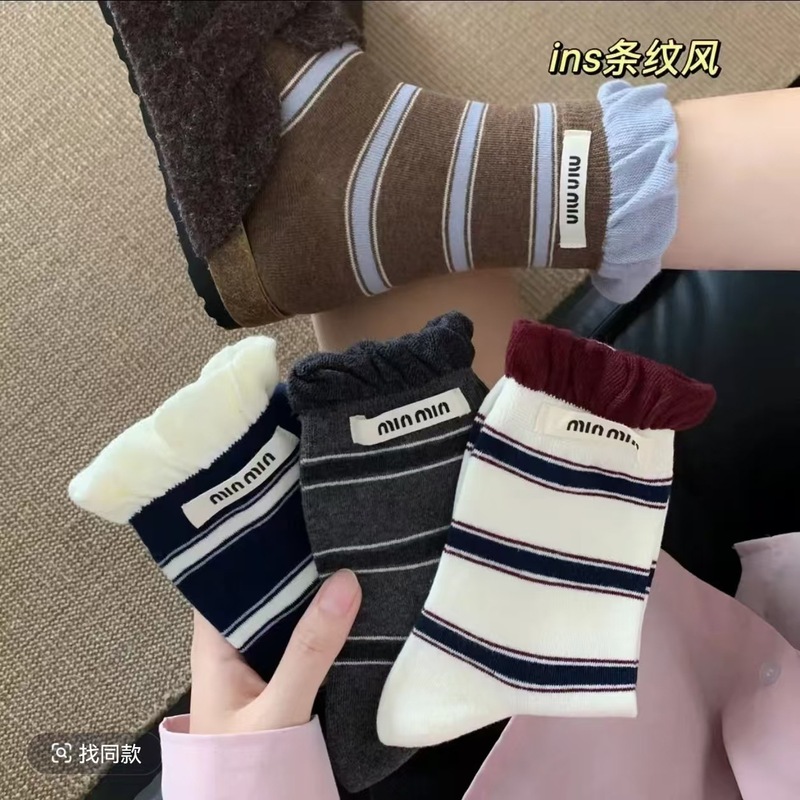 秋季新款撞色双罗口字母布标袜子女中筒袜泡泡花边ins条纹堆堆袜|undefined